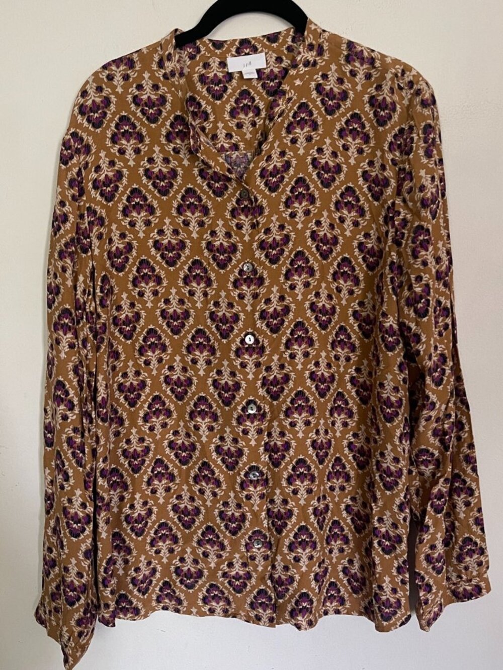 J. Jill Women's Large Button Up Collarless Blouse Top Tan Brown Purple T10